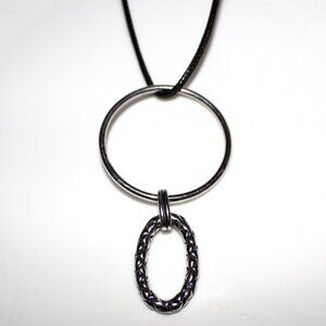 Modern Silver Tone Circle & Oval Pendant Necklace Black Cord Adjustable Length